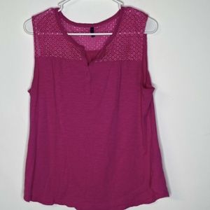 NYDJ Not your Daughters Jeans Tank Top Size PL Hot Pink Eyelet Split Neck